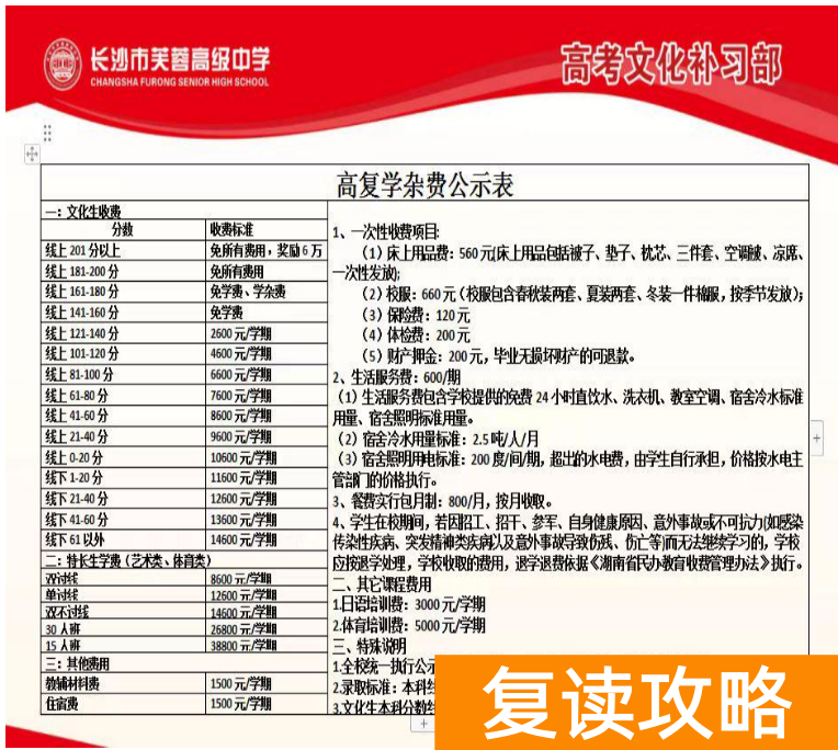 长沙芙蓉高级中学复读收费